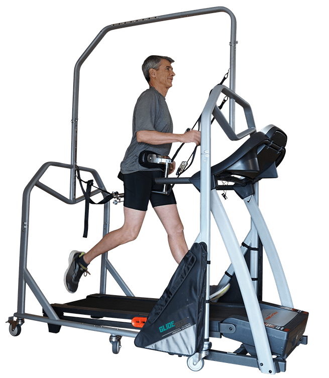 GlideTrak body unweghting system for Parkinson's or stroke gait training at home or clinic